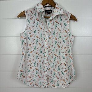 Lands End Tennis Print Sleeveless No Iron Supima Button Front Shirt White sz 2P